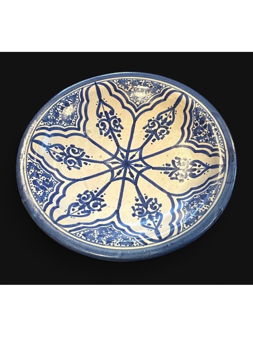 $395 Antique 1890-1930’s Moroccan Filali Fes Blue and White Ceramic Plate 8 3/4”